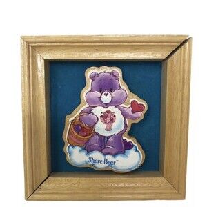 1985 Care Bears Share Bear Framed Wooden Figure Picture 4" Purple